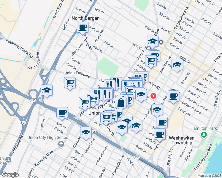map of restaurants, bars, coffee shops, grocery stores, and more near 613 39th Street in Union City
