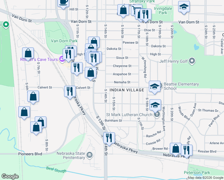 map of restaurants, bars, coffee shops, grocery stores, and more near 3601 South 15th Street in Lincoln