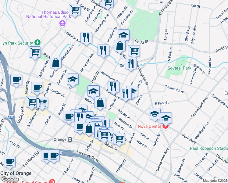 map of restaurants, bars, coffee shops, grocery stores, and more near 315 Park Avenue in City of Orange