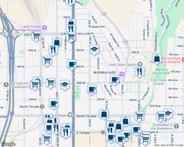 map of restaurants, bars, coffee shops, grocery stores, and more near 348 North 200 West in Salt Lake City