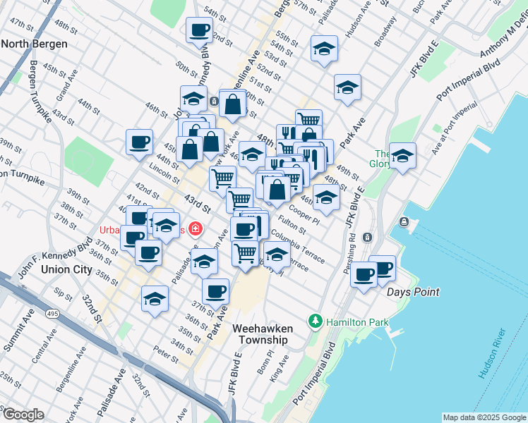 map of restaurants, bars, coffee shops, grocery stores, and more near 4504 Brown Street in Union City