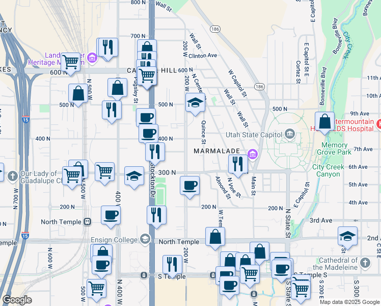 map of restaurants, bars, coffee shops, grocery stores, and more near 348 North 200 West in Salt Lake City
