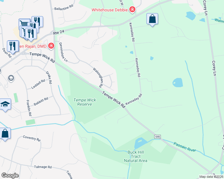map of restaurants, bars, coffee shops, grocery stores, and more near 6 Langford Drive in Mendham