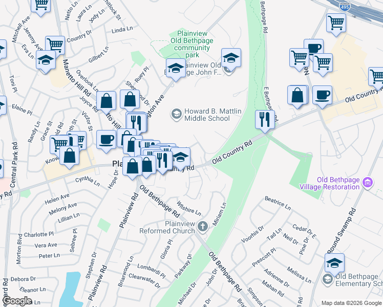 map of restaurants, bars, coffee shops, grocery stores, and more near 25 Bradford Road in Plainview
