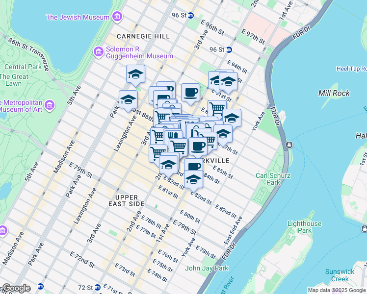 map of restaurants, bars, coffee shops, grocery stores, and more near 309 East 85th Street in New York