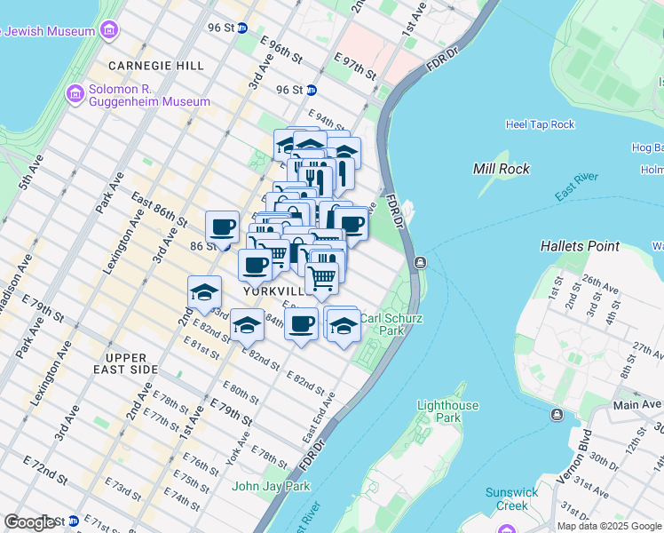 map of restaurants, bars, coffee shops, grocery stores, and more near 438 East 88th Street in New York