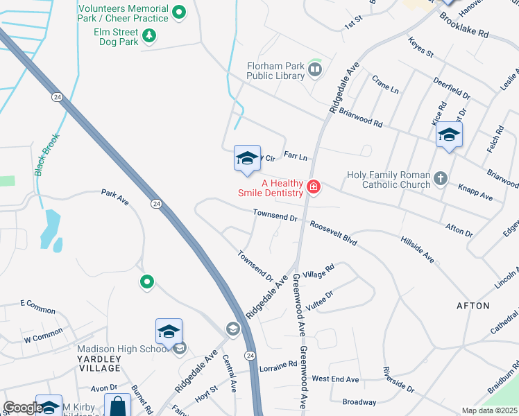 map of restaurants, bars, coffee shops, grocery stores, and more near 69 Townsend Drive in Florham Park