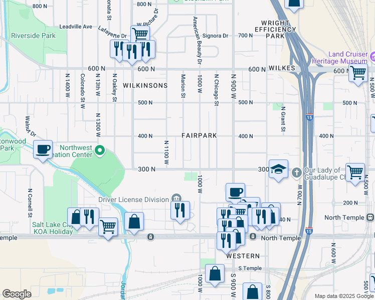 map of restaurants, bars, coffee shops, grocery stores, and more near 350 Marion Street in Salt Lake City