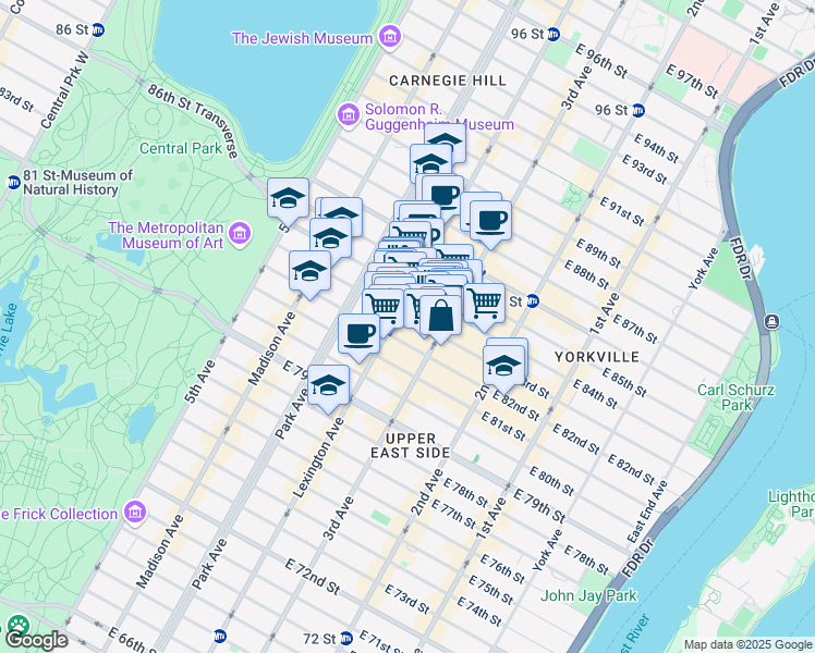 map of restaurants, bars, coffee shops, grocery stores, and more near 171 East 83rd Street in New York