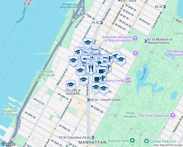 map of restaurants, bars, coffee shops, grocery stores, and more near in New York