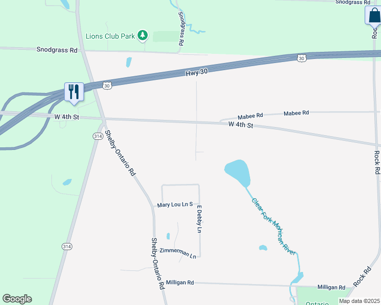 map of restaurants, bars, coffee shops, grocery stores, and more near 3615 U.S. 30 in Ontario