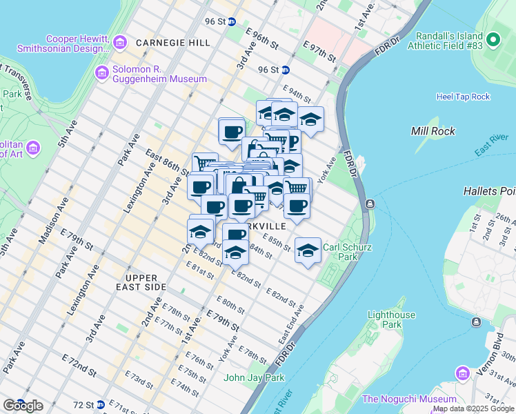 map of restaurants, bars, coffee shops, grocery stores, and more near 385 East 86th Street in New York