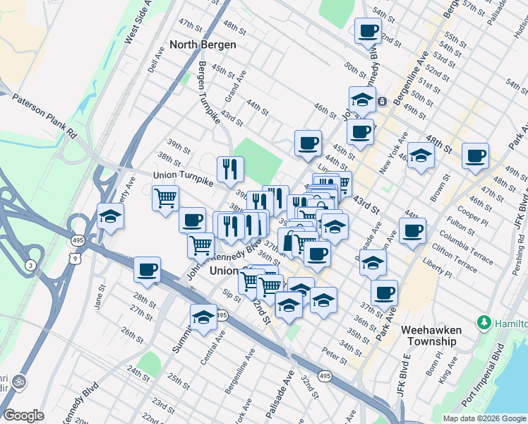 map of restaurants, bars, coffee shops, grocery stores, and more near 613 39th Street in Union City
