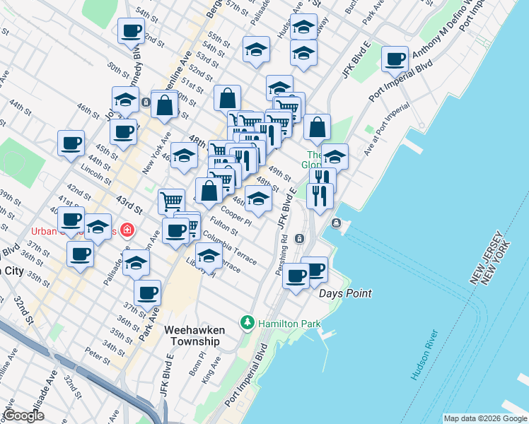 map of restaurants, bars, coffee shops, grocery stores, and more near 16 47th Street in Weehawken