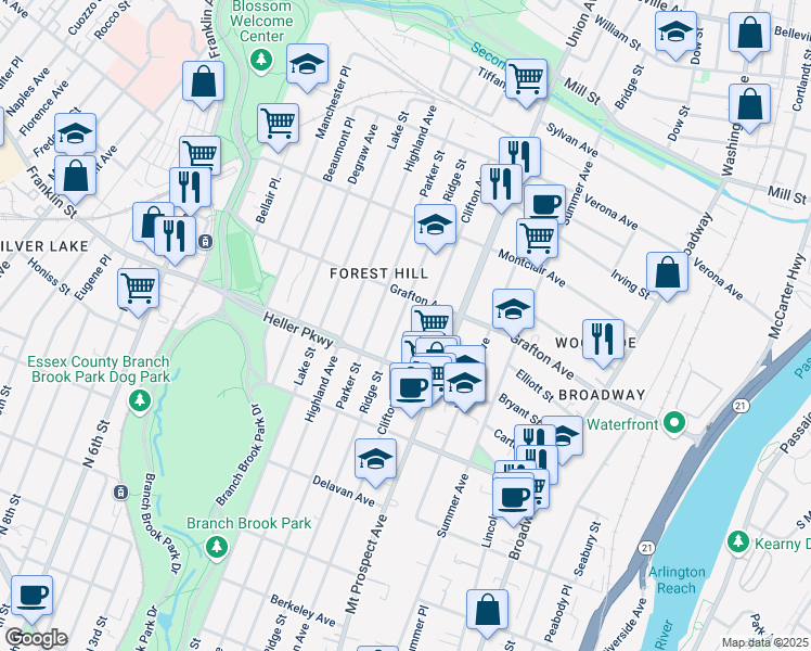 map of restaurants, bars, coffee shops, grocery stores, and more near 693 Ridge Street in Newark