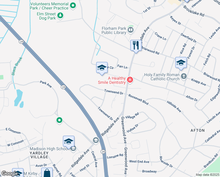 map of restaurants, bars, coffee shops, grocery stores, and more near 69 Townsend Drive in Florham Park