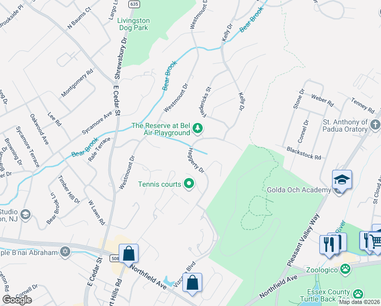 map of restaurants, bars, coffee shops, grocery stores, and more near 53 Haggerty Drive in West Orange