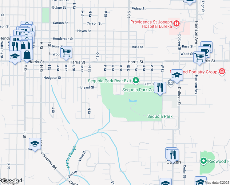 map of restaurants, bars, coffee shops, grocery stores, and more near 3416 R St in Eureka