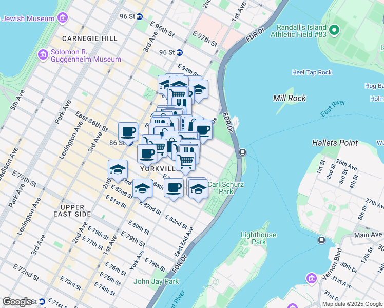 map of restaurants, bars, coffee shops, grocery stores, and more near 1669 York Avenue in New York