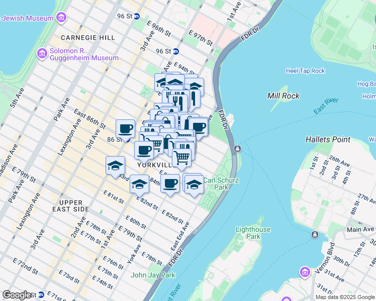 map of restaurants, bars, coffee shops, grocery stores, and more near 1669 York Avenue in New York