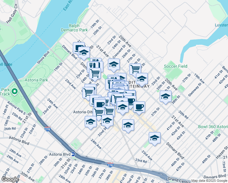 map of restaurants, bars, coffee shops, grocery stores, and more near 22- 1 27th Street in Queens