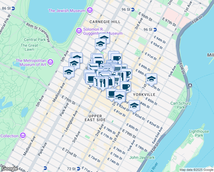 map of restaurants, bars, coffee shops, grocery stores, and more near 1517 3rd Avenue in New York