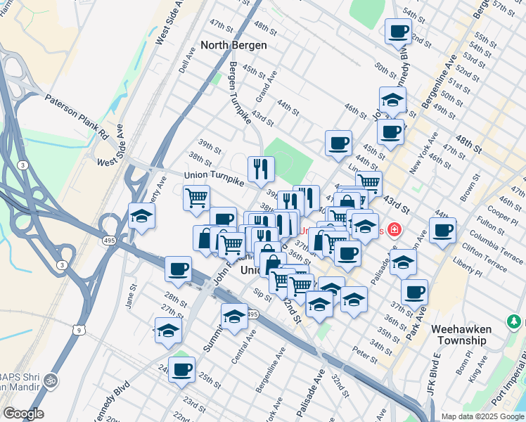map of restaurants, bars, coffee shops, grocery stores, and more near 646 38th Street in Union City