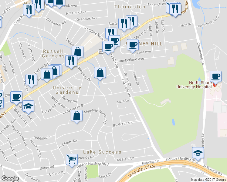 map of restaurants, bars, coffee shops, grocery stores, and more near 1 Merrivale Terrace in Great Neck