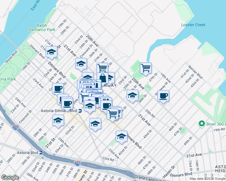map of restaurants, bars, coffee shops, grocery stores, and more near 21-05 33rd Street in Queens