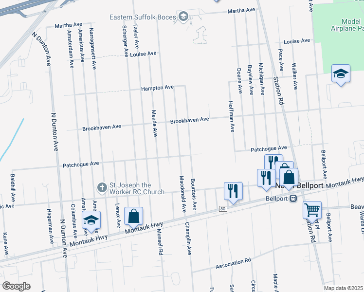 map of restaurants, bars, coffee shops, grocery stores, and more near 630 Macdonald Avenue in Bellport
