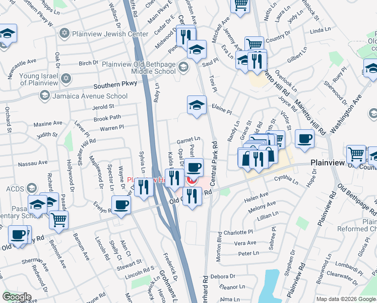map of restaurants, bars, coffee shops, grocery stores, and more near 17 Pearl Drive in Plainview