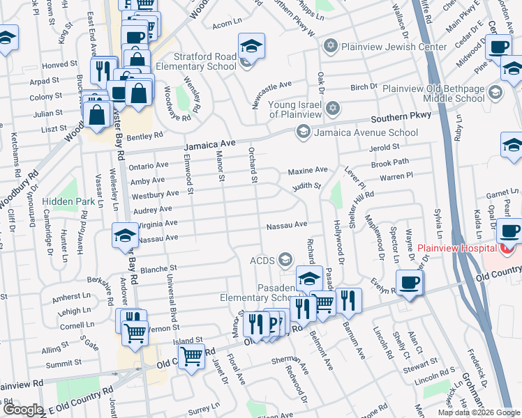 map of restaurants, bars, coffee shops, grocery stores, and more near 79 Audrey Avenue in Plainview