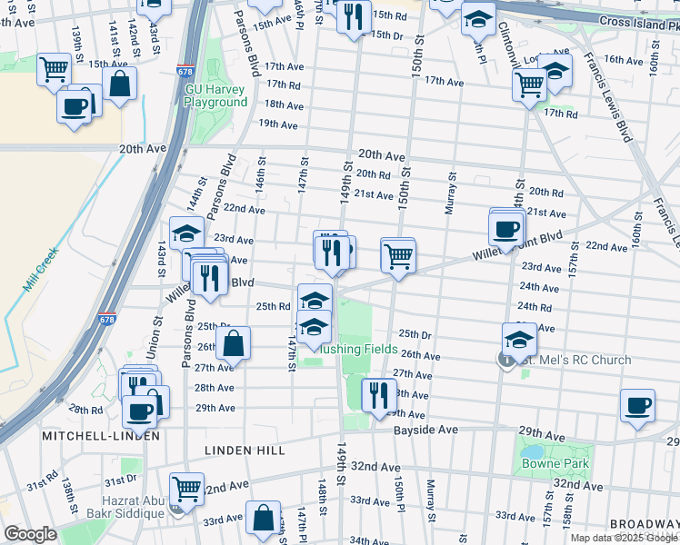 map of restaurants, bars, coffee shops, grocery stores, and more near 147-41 24th Avenue in Queens