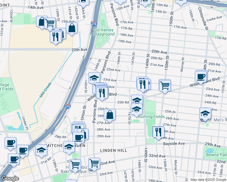 map of restaurants, bars, coffee shops, grocery stores, and more near 145-36 24th Avenue in Queens