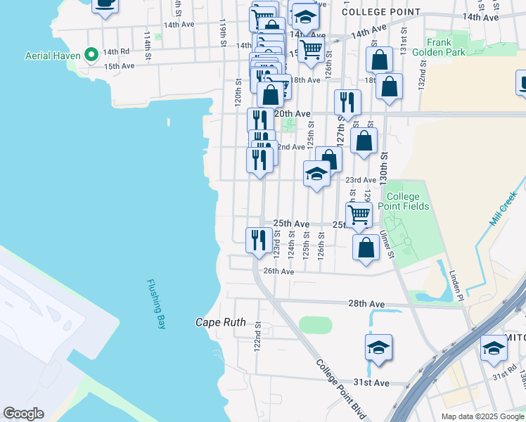 map of restaurants, bars, coffee shops, grocery stores, and more near 23-38 College Point Boulevard in Queens