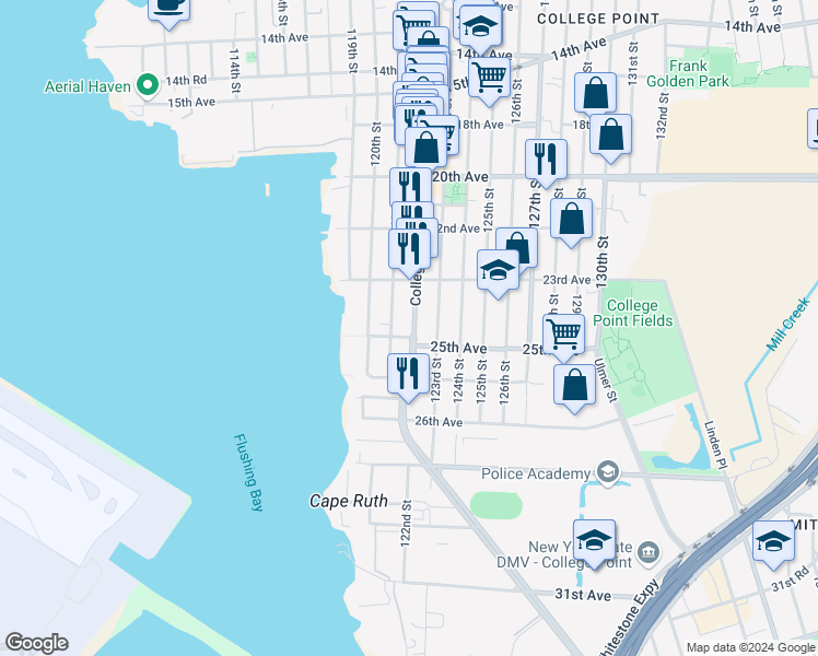 map of restaurants, bars, coffee shops, grocery stores, and more near 23-38 College Point Boulevard in Queens