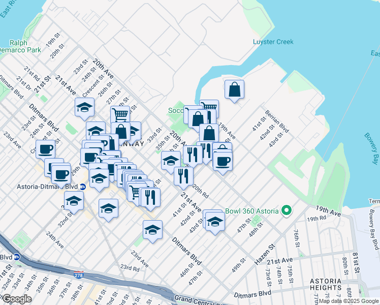 map of restaurants, bars, coffee shops, grocery stores, and more near 20-04 37th Street in Queens