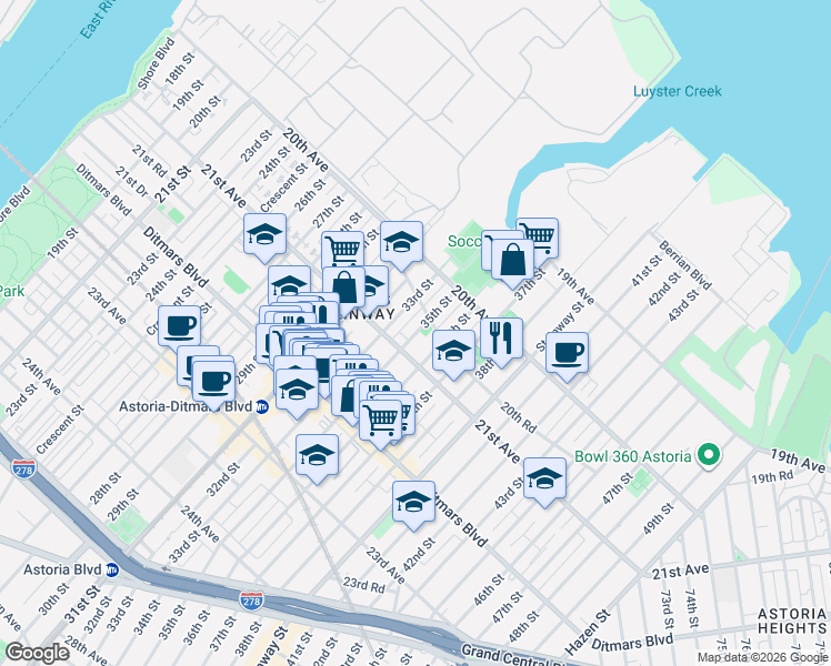 map of restaurants, bars, coffee shops, grocery stores, and more near 2063 33rd Street in Queens