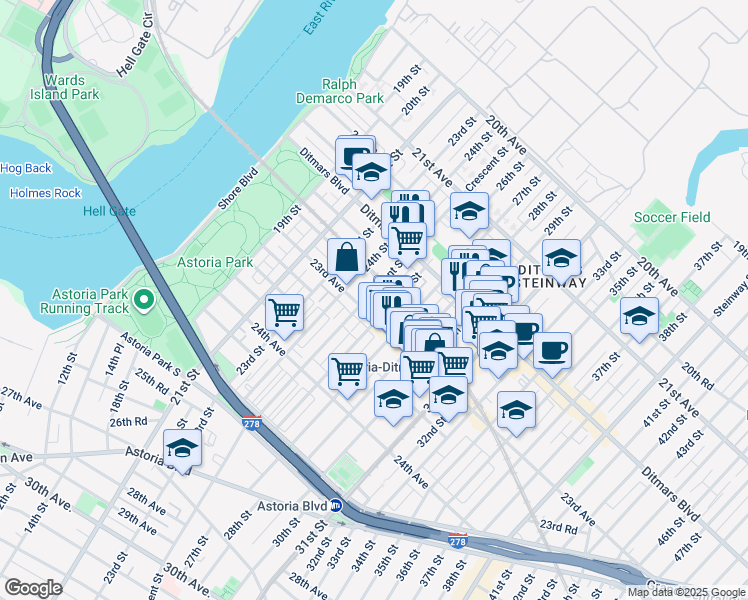 map of restaurants, bars, coffee shops, grocery stores, and more near 22-53 Crescent Street in Queens