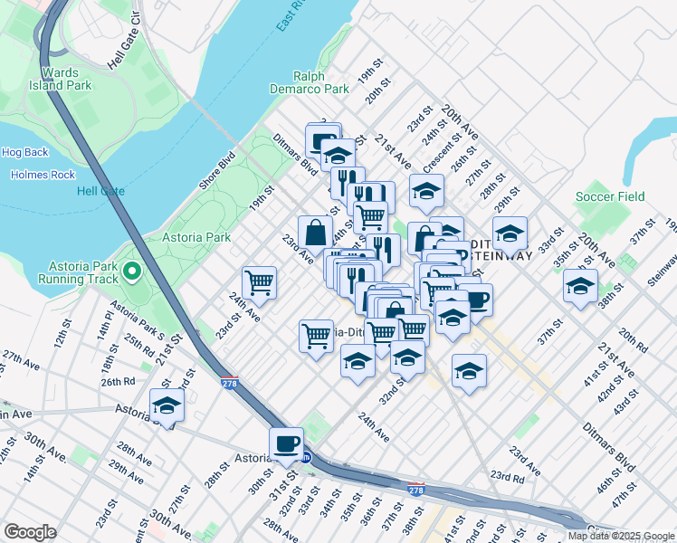 map of restaurants, bars, coffee shops, grocery stores, and more near 22-53 Crescent Street in Queens