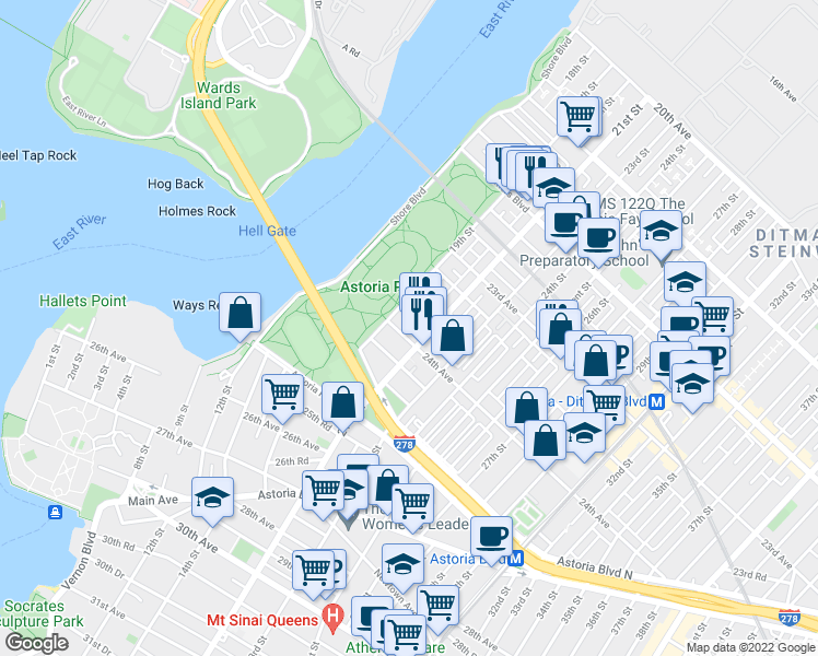 map of restaurants, bars, coffee shops, grocery stores, and more near 19-19 23rd Terrace in Queens