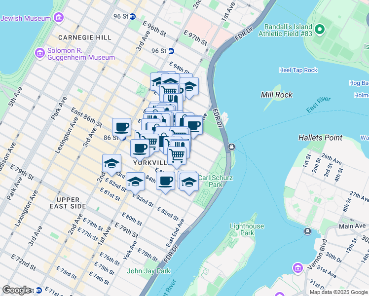 map of restaurants, bars, coffee shops, grocery stores, and more near 438 East 88th Street in New York