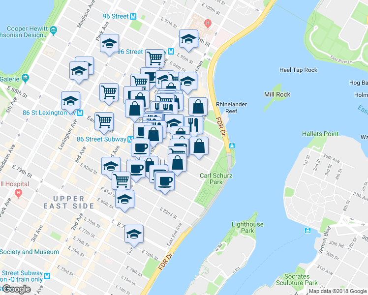 map of restaurants, bars, coffee shops, grocery stores, and more near 438 East 88th Street in New York
