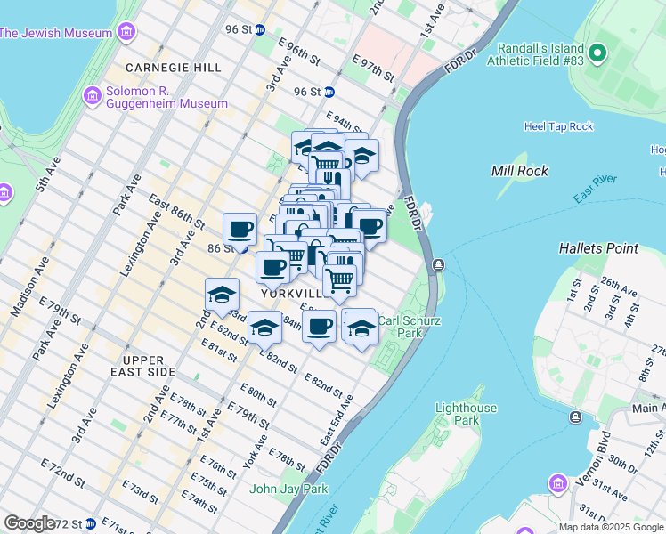 map of restaurants, bars, coffee shops, grocery stores, and more near 438 East 88th Street in New York