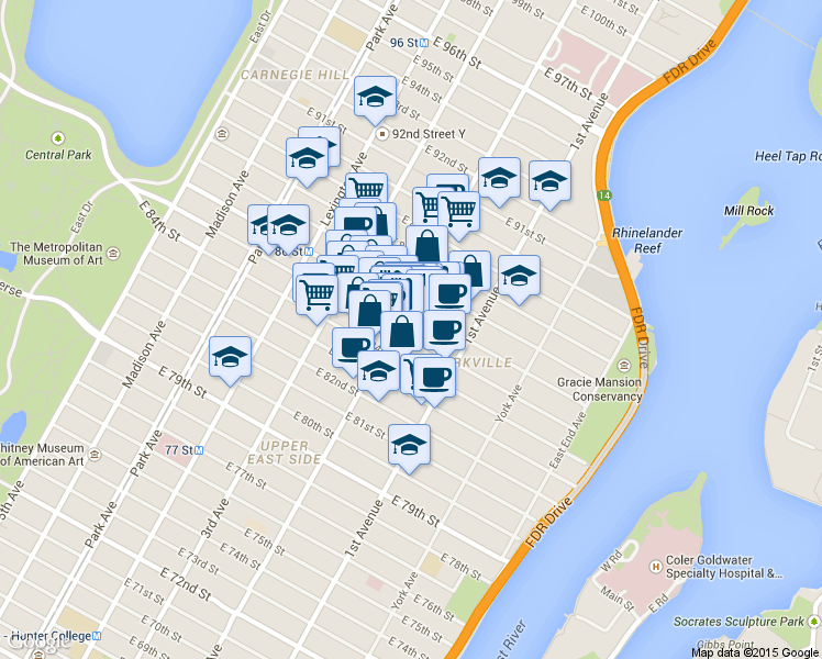 map of restaurants, bars, coffee shops, grocery stores, and more near in New York
