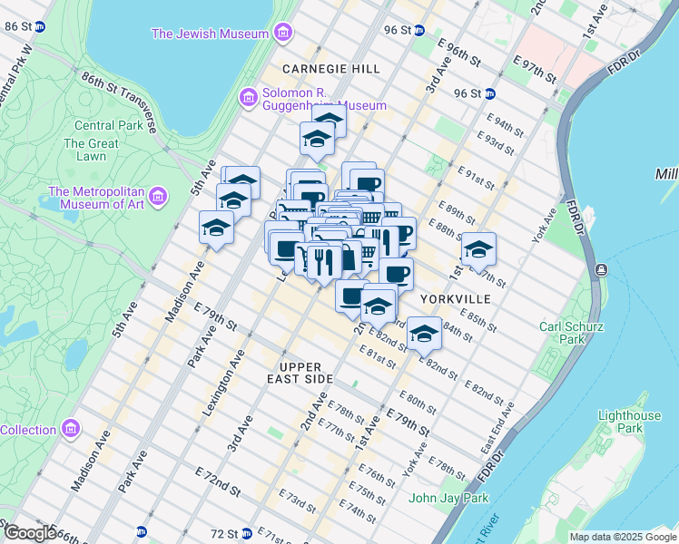 map of restaurants, bars, coffee shops, grocery stores, and more near 1517 3rd Avenue in New York