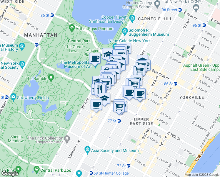 map of restaurants, bars, coffee shops, grocery stores, and more near in New York
