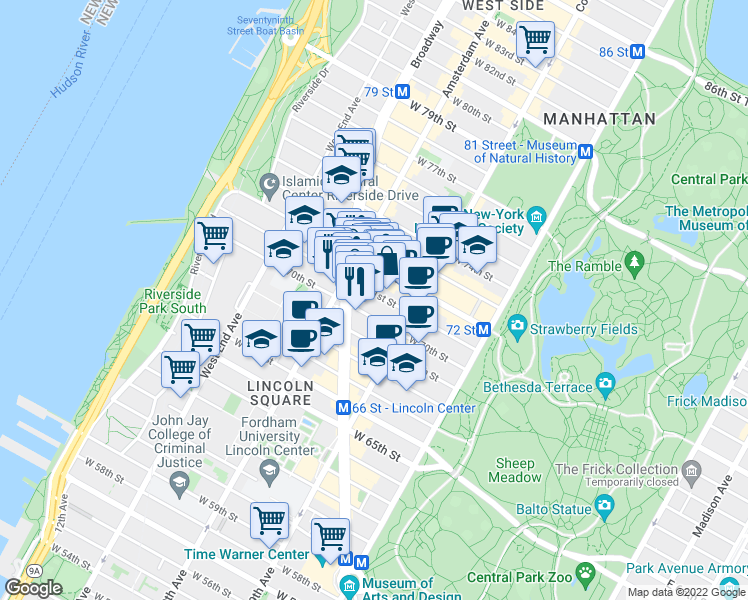 map of restaurants, bars, coffee shops, grocery stores, and more near in New York