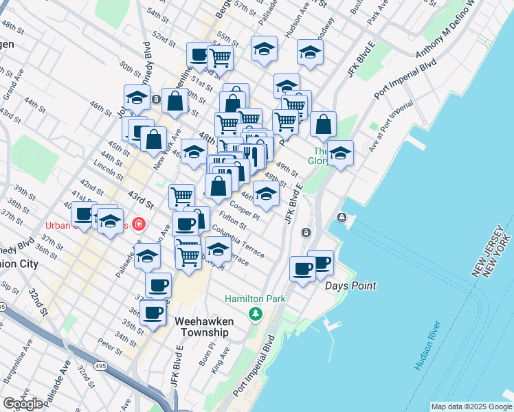 map of restaurants, bars, coffee shops, grocery stores, and more near 56 46th Street in Weehawken