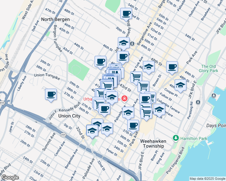 map of restaurants, bars, coffee shops, grocery stores, and more near in Union City